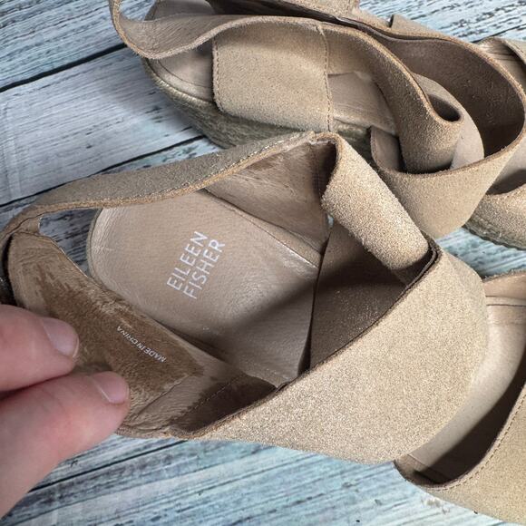 Eileen Fisher Women’s 8 Tan Suede Espadrille Wedge Sandals Ankle Strap Platform - Picture 4 of 4